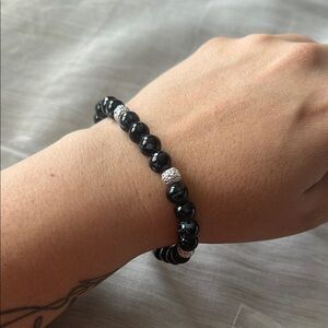 Handmade Black Beaded Bracelet with Silver Accents